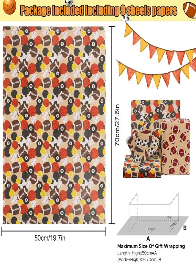 AircooL Sports Gift Wrapping Paper, 9 Sheets Rugby Basketball Tennis Baseball Football Kraft Wrapping Paper, 20x28 Inches per Sheet Birthday Paper for Men Boys - Image 2
